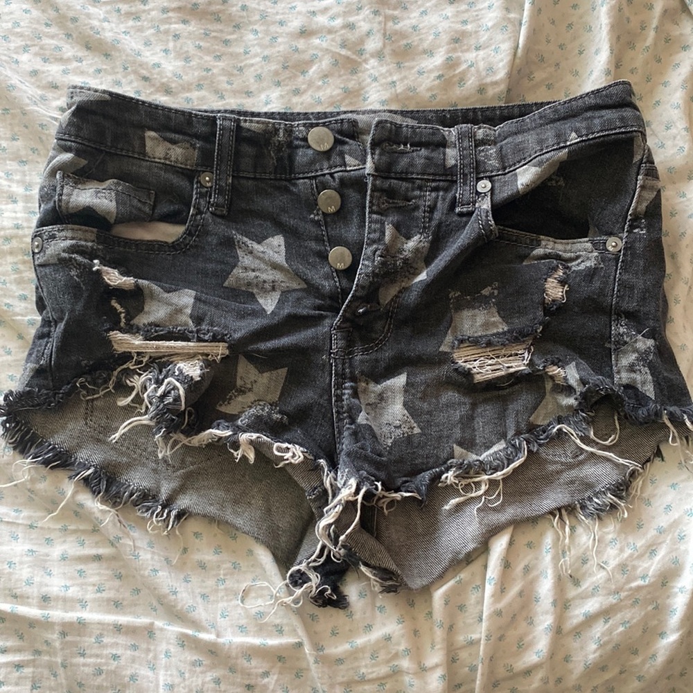 distressed grey denim shorts with stars